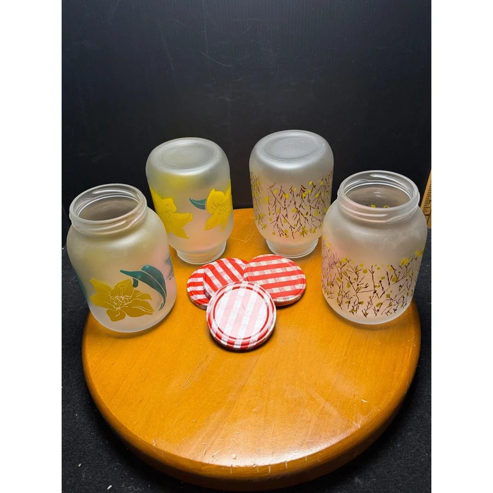 Vintage Arjek Frosted Glass Floral Canister Set of 4 Red Gingham Lids Retro